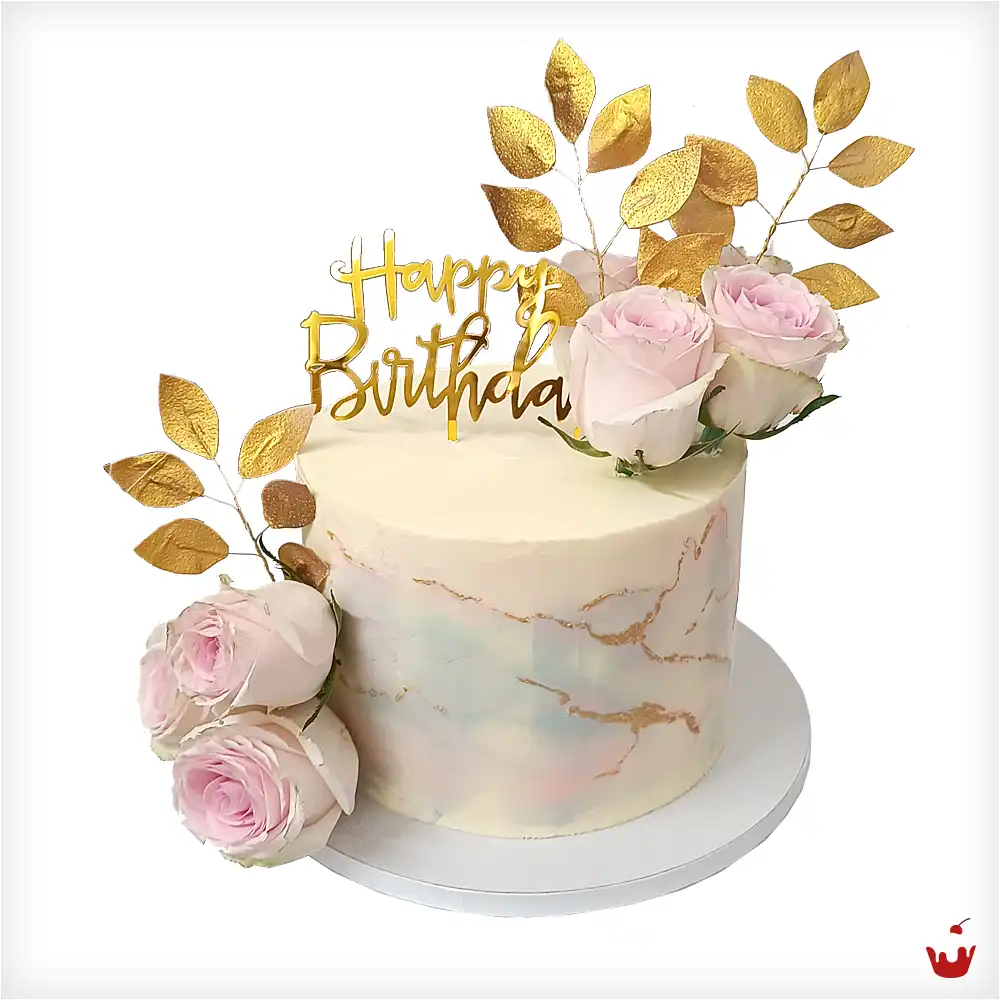 Elegante Geburtstagstorte mit Rosen & goldenen Blättern